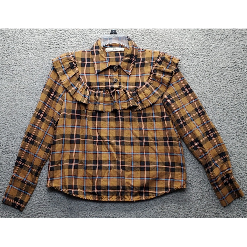 TELA Shirt Top Womens M Multi Plaid Ruffled Long Sleeve Button Front Italy EUC